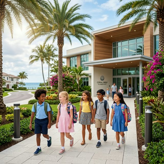 Affluent students arriving at a modern coastal elementary school