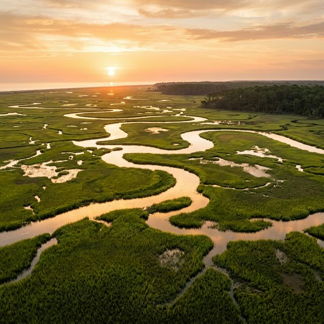 Panoramic aerial view of a pristine Florida coastal marsh ecosystem at sunrise