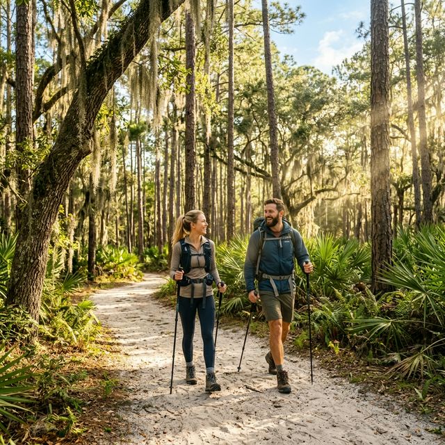Affluent active couple hiking through a sunlit Florida pine forest